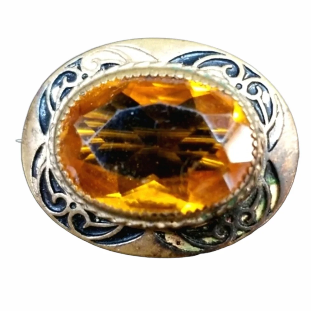 Vintage 1920s Art Deco Amber Citrine Glass Gold Tone Brooch - Picture 3 of 12